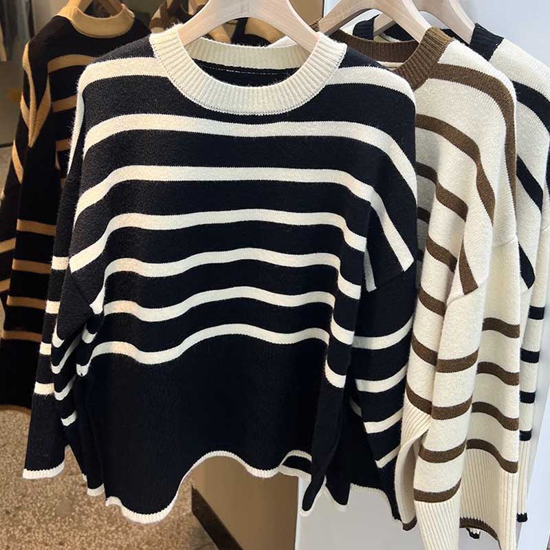 Sweater Pullovers Tops Women Long Sleeves Contrast Stripes Autumn Winter Oversized  Loose Long Sleeve Pullover Tops