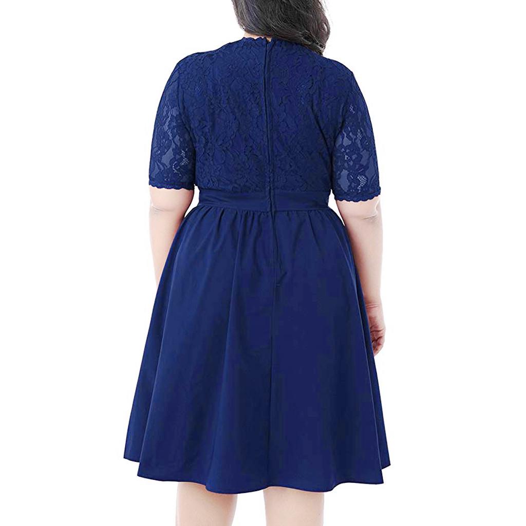 Women Plus Size V-neck Short Sleeve Sexy Lace Stitching Waist Evening Dress
