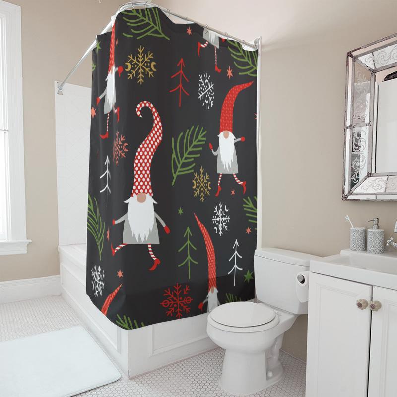 TU Festive Gnome Shower Curtain Christmas Holiday Decor Farmhouse Bathroom Set Holiday Gnomes Pattern Xmas Themed Waterproof Fab