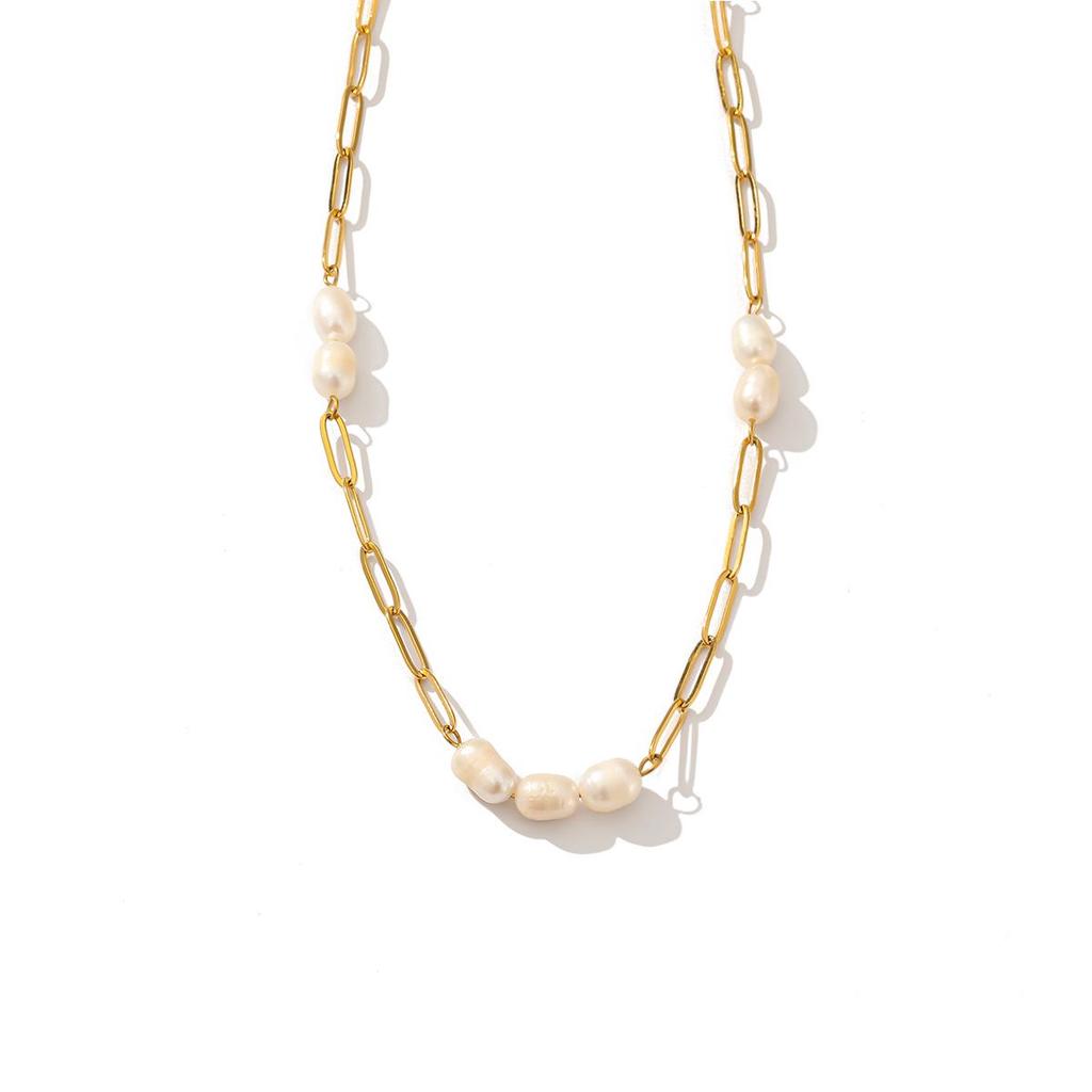 Elegant European & American Natural Pearl Necklace with 18K Gold Plated Paperclip Chain