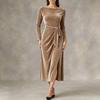 Women's Fashion Velvet Dress - Long Sleeve, Tie Waist, Side Slit, Slim Fit