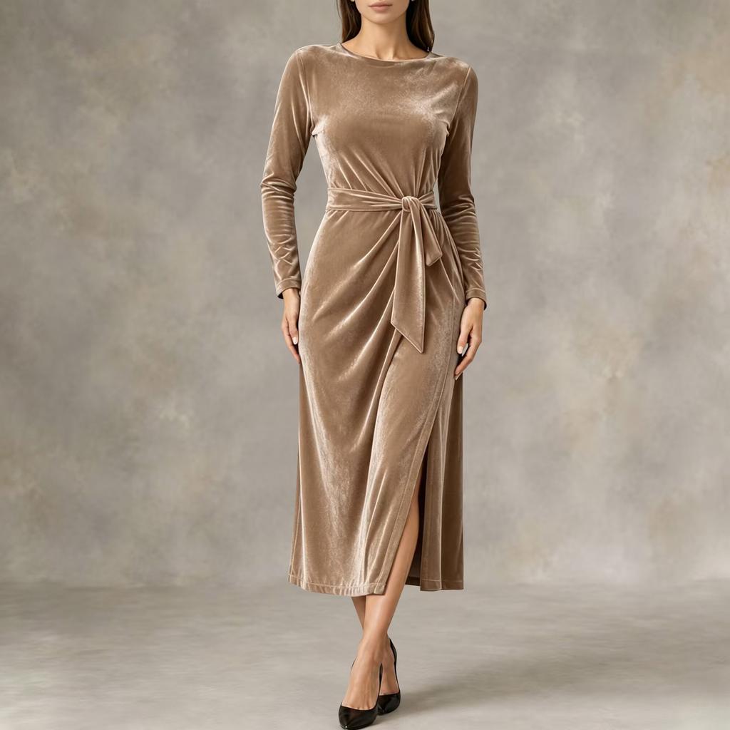 Women's Fashion Velvet Dress - Long Sleeve, Tie Waist, Side Slit, Slim Fit