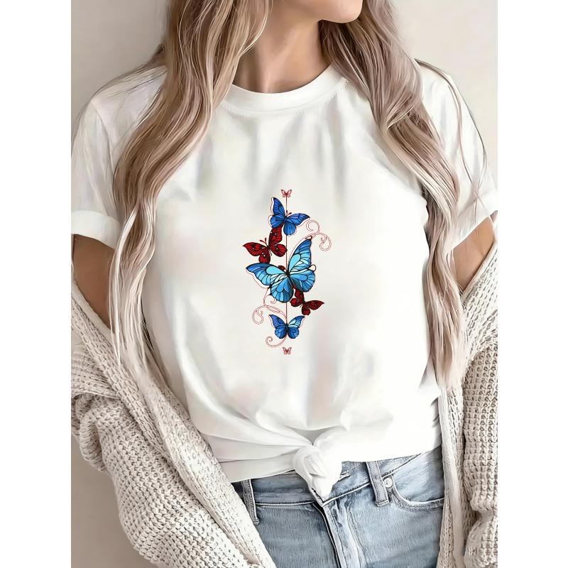 Butterfly Print T Shirt White Blue And Red Butterflies Design Casual Wear For Women Summer Outfit Fashion Top