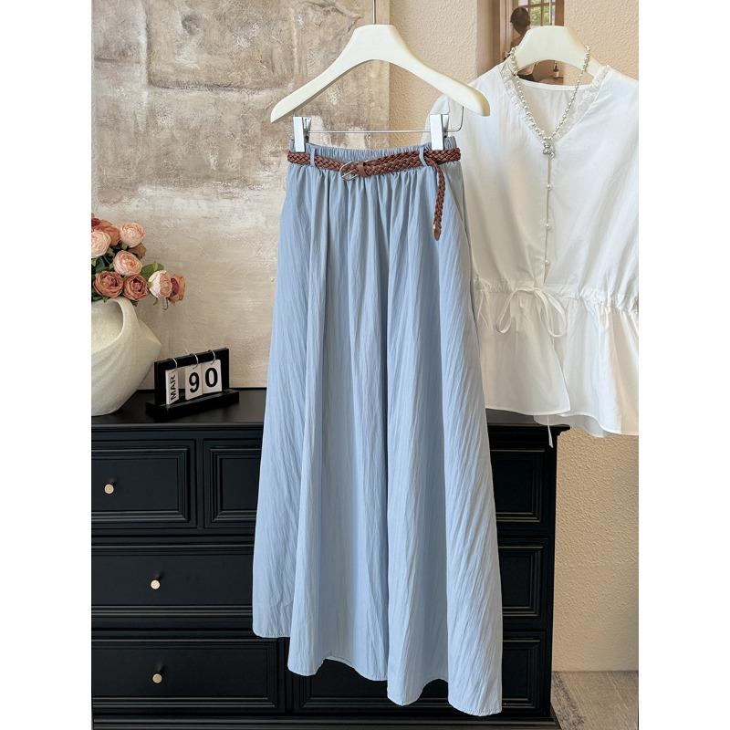 

Retro solid color high waist pleated A-shaped skirt literary Japanese long skirt spring swing skirt with belt One size fits all