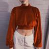 Women High Neck Velvet Crop Top Long Sleeve Pullover Loose Fit Short Length Soft Touch Elegant Simple Style Shirt Blouse