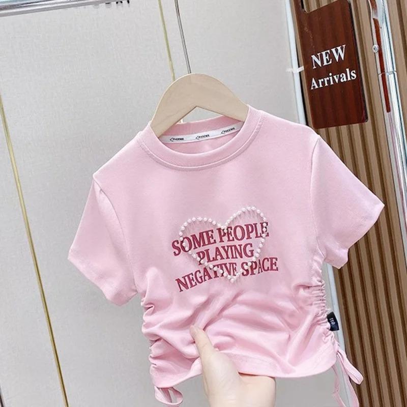 

Girls Short Sleeved Shirt Summer Fashion Short Pearl Personalized All Match Western Style Drawstring 110cm розовый