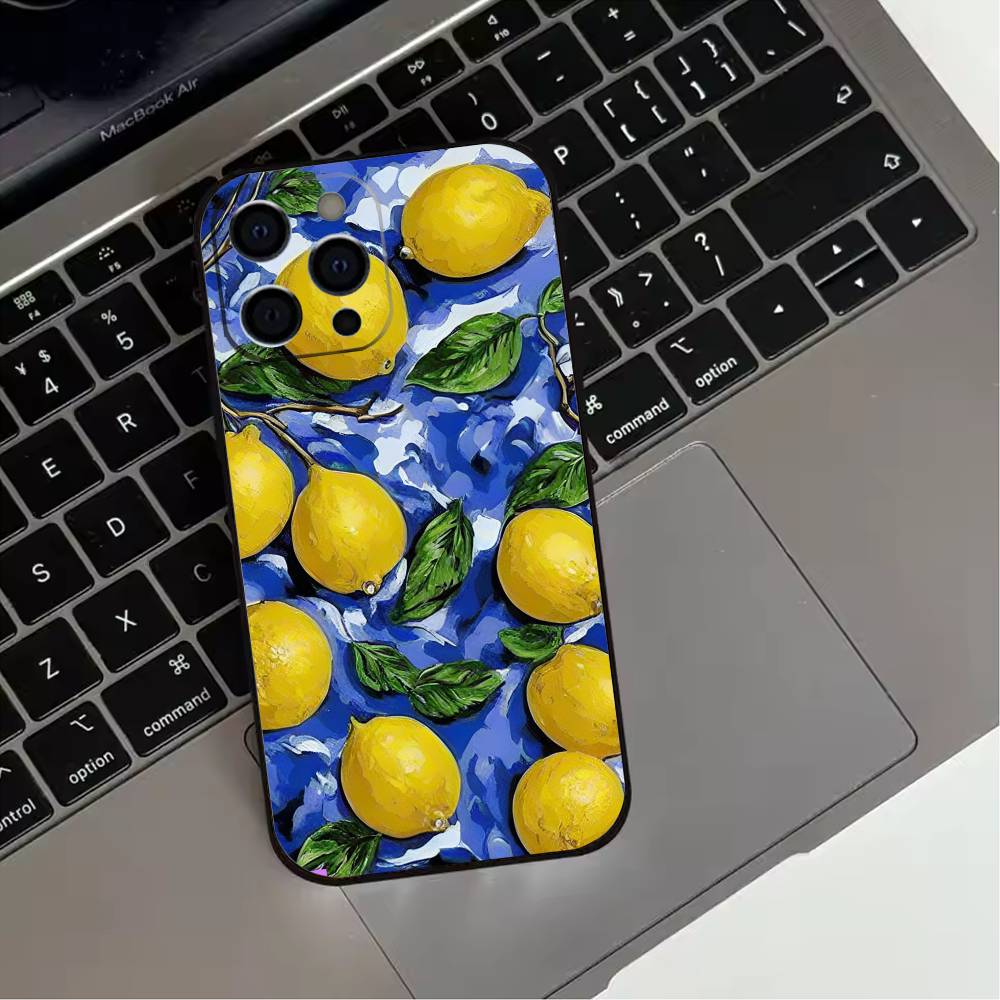 Mediterranean Lemon Fruit Art Phone Case For iPhone 17,16,15,14,13,12,11 Plus,Pro Max,XS,Soft Silicone Black Cover