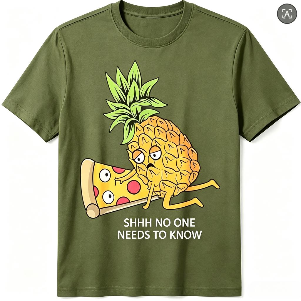 Herren Damen Lustiges Ananas-Pizza T-Shirt Shhh Niemand Muss Es Wissen Grafik-T-Shirt Sommer Lässig Kurzarm Essen Meme Oberteile