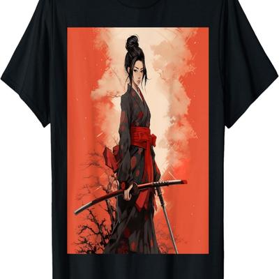 Samurai Girl Vintage Retro Sakura Cherry Blossom T-Shirt(178)