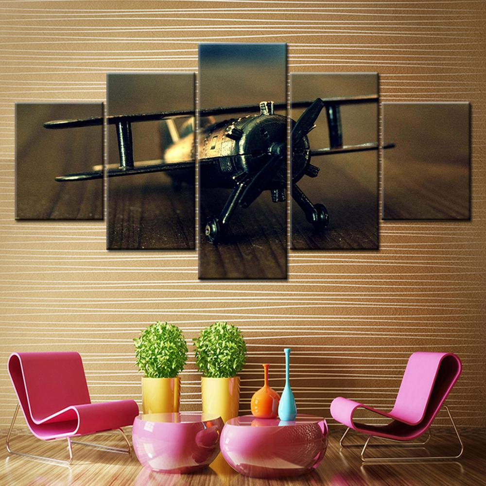 5 Pieces Wall Art Canvas Painting Retro Airplane Model Poster Modular Home Framework Pictures Decoration Living Room