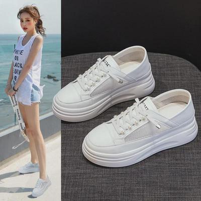 2025 Spring/Summer Women's White Mesh Breathable Lightweight Thick Sole Elevated Soft Leather Lace-Up Casual Shoes