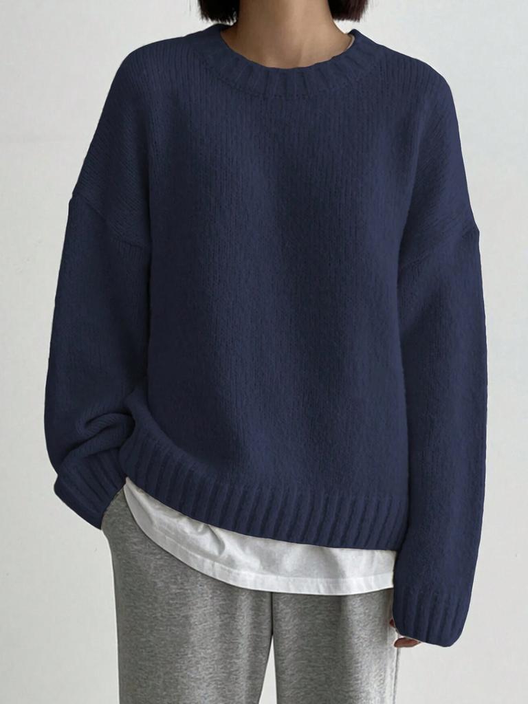 Autumn Winter Lazy Style Versatile Crewneck Thick Solid Knit Sweater Women's European Style Pullover Long Sleeve Sweater Top