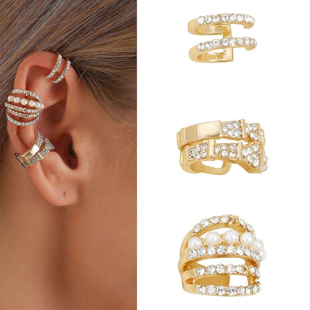 3 Pieces Elegant Rhinestones Ear Clip U Shape Designs Pearls Accented Alloy Jewelry for Daily Occasions Multicolor
