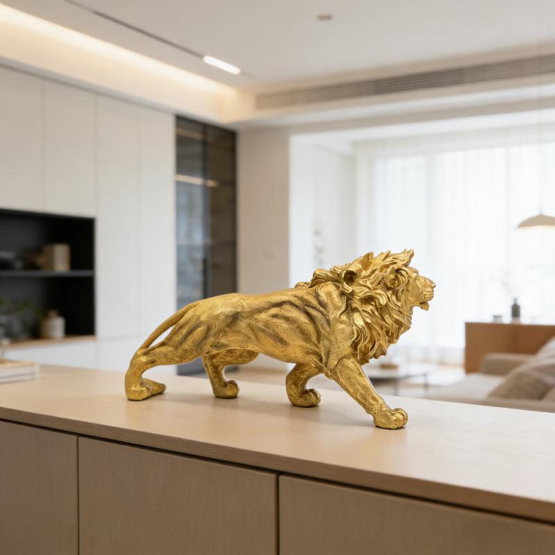 Lion Statue in Gold Resin Detailed Animal Sculpture Luxurious Home Bedroom Ornament
