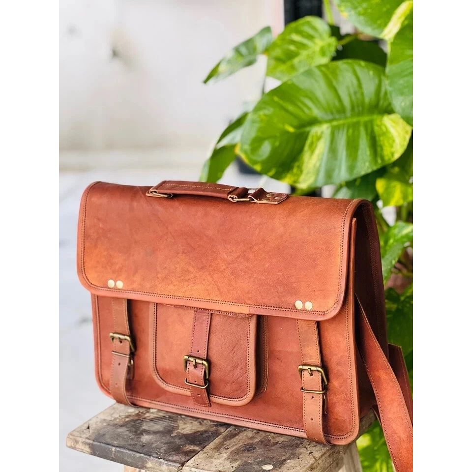 Vintage Special Goat Leather Messenger Bag Shoulder Laptop Bag 18" Men's Genuin