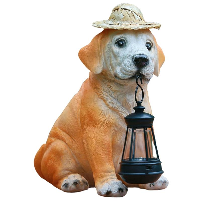

M-Modern-Garden Dog Statues - Adorable Resin Dog Figurines With Straw Hat And Solar LED Lantern, Puppy Decor Outdoor Solar Light