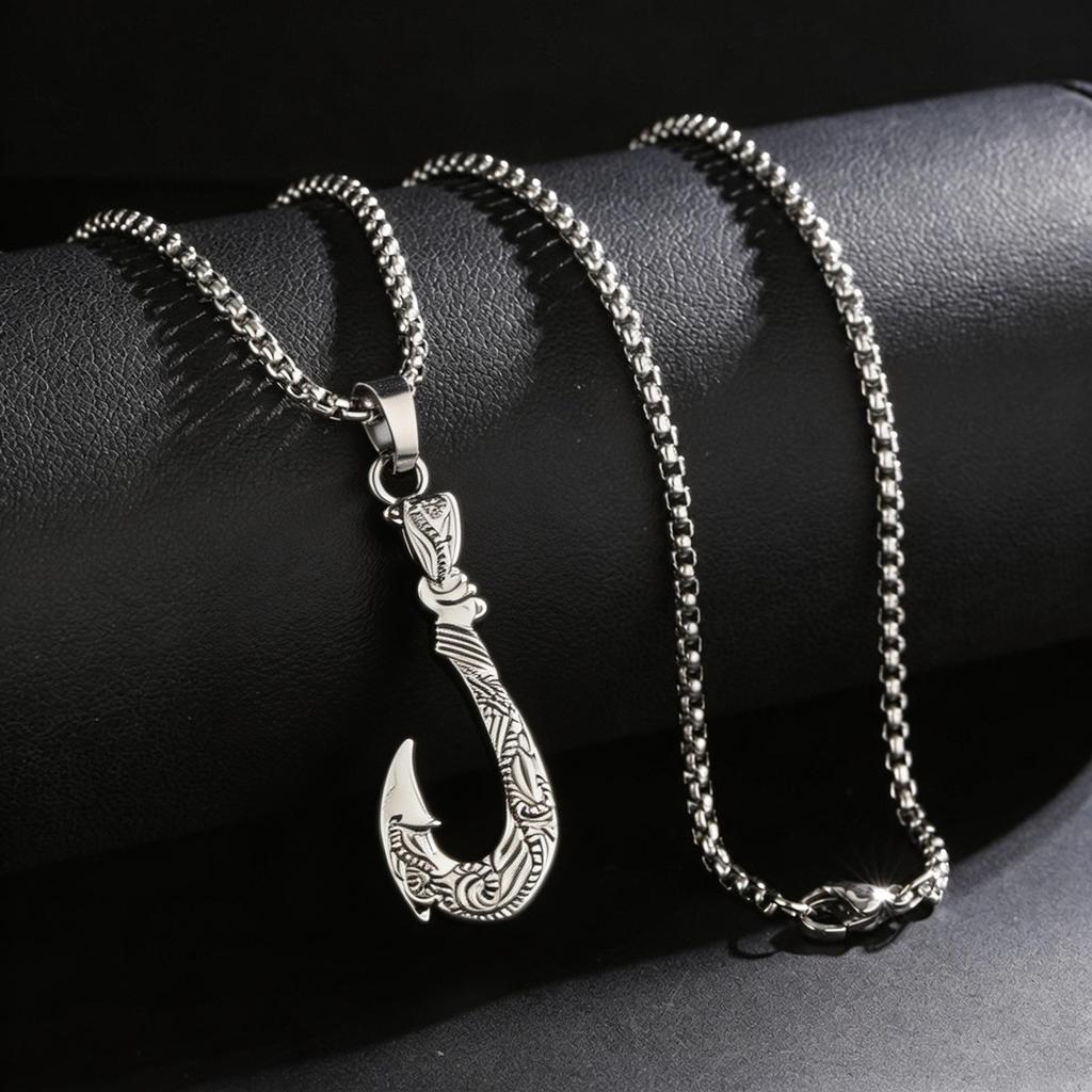 Men's Retro Fish Hook Pendant Necklace with Square Pearl Chain