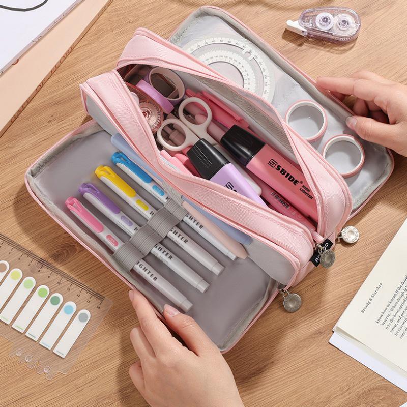 Large Capacity Three-Layer Zipper Pencil Case with 8 Pen Slots and 4 Inner Pockets in Oxford Cloth, Available in Multiple Colors