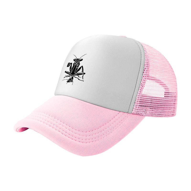 Unisextis Logo Mesh Trucker Hat White Black Ventilated Baseball Cap with Insect Design Front Panel and Breathable Back Mesh