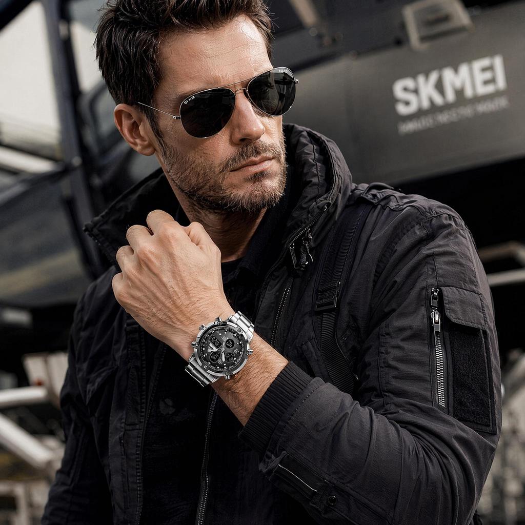 Orologio Digitale da Uomo SKMEI Triplo Fuso Orario Doppio Display Acciaio Inossidabile 1389