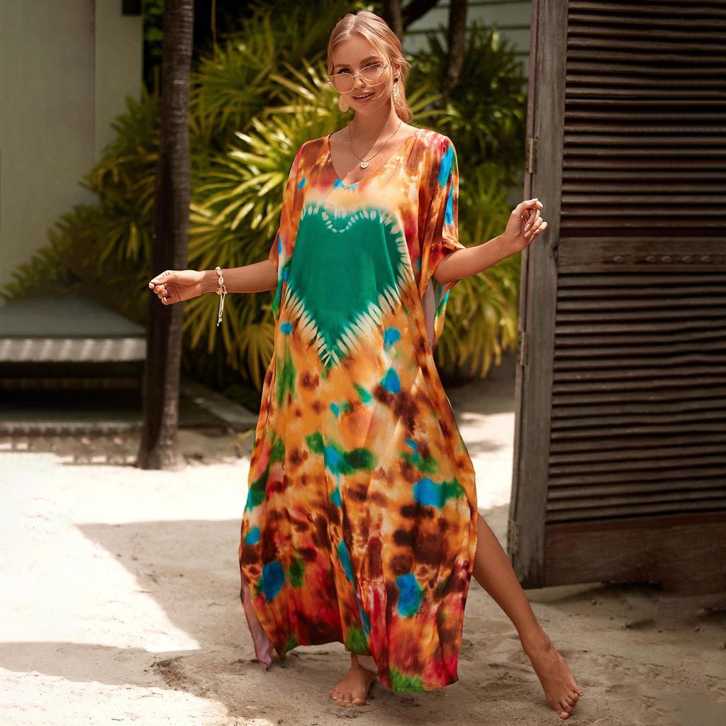 Kaftan Beach Dress Rayon Women Boho Colorful Printed Plus Size Maxi Summer Bathing Suit Cover Up