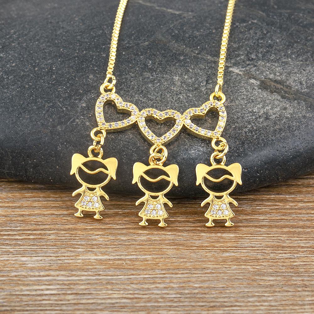 Nidin Exquisite Gold Plated Mom Daughter Necklace Girl Boy Pendant Chain Choker Cubic Zirconia Jewelry Mother's Day Gift