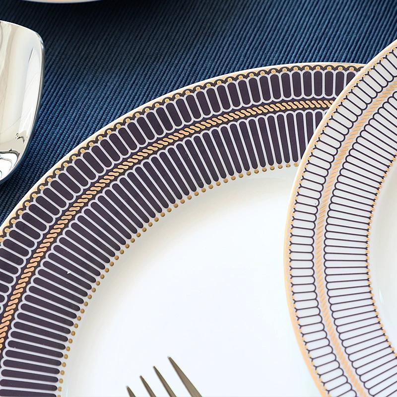 8/10palcové talíře z kostního porcelánu - Moderní elegantní kulaté nádobí se zlatým lemem Dezertní talířová sada Jídelní nádobí Servírovací talíře pro kuchyň, vhodné do mikrovlnné trouby