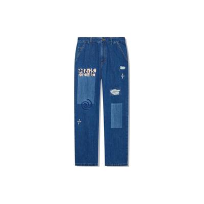 Li Ning Letter Mid Waist Straight Leg Jeans Men Jeans Dark-Denim-Blue AJQT373-1