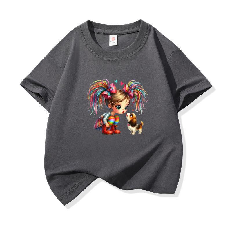 Kids Cotton T Shirt Rainbow Hair Girl Kissing Puppy Dog Print Crew Neck Short Sleeve Tee Casual Boys Girls Summer Tops