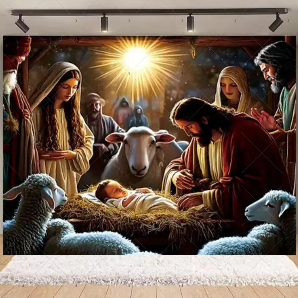 Nativity Scene Background Banner Starry Night Traditional Christmas Religious Jesus Backdrop Supplies Christmas Party Decoration