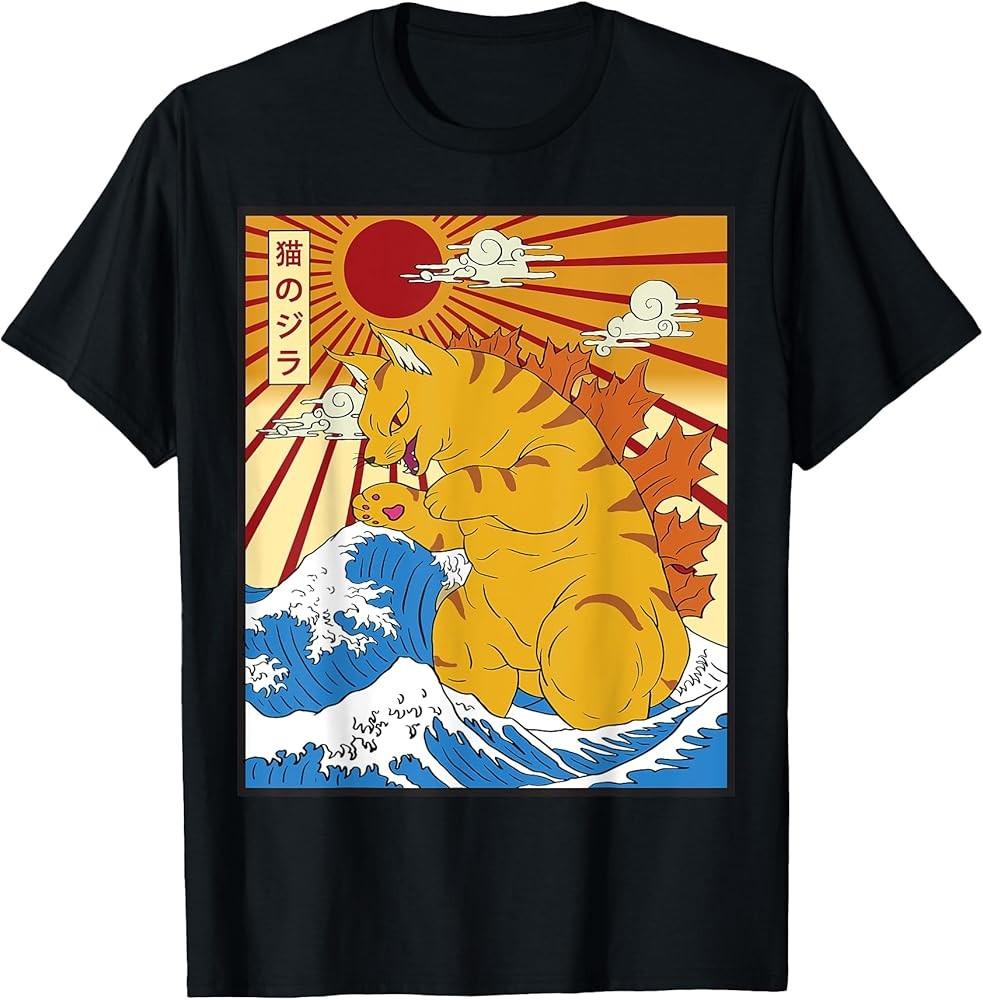 Catzilla Cat Japanese Anime Kawaii Funny Graphic Tees Men TShirt Unisex T-Shirt L