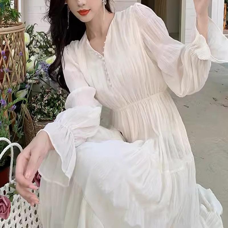 

Женское белое платье-фея с длинными рукавами, V-образным вырезом, плиссировкой и высокой талией на весну и осень Small