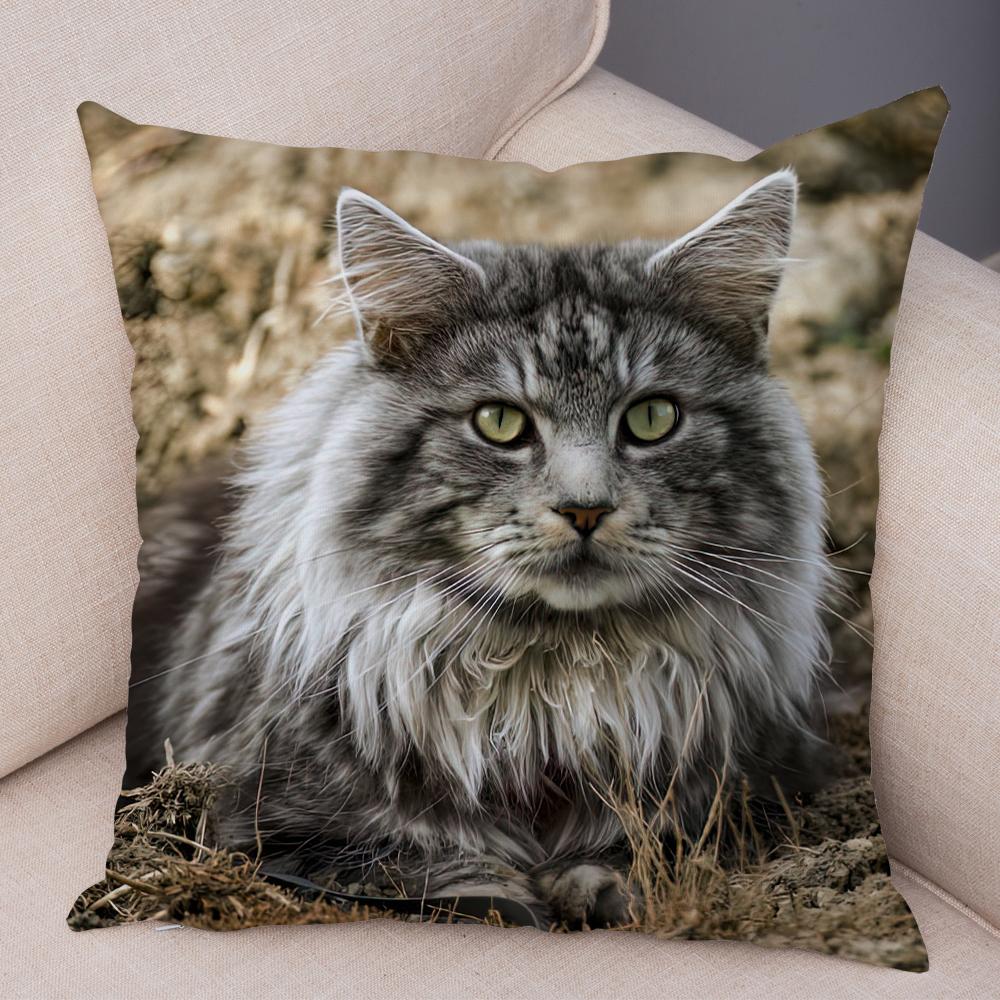Long Haired Cat Face Cushion Cover Detailed Feline Art Double Sided Living Room Bedroom Decor Pillow Case