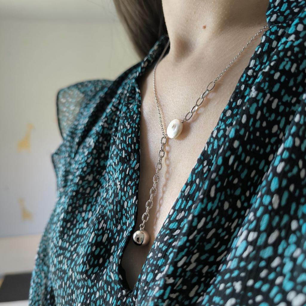 Silver Necklace with Natural Baroque Pearls, Item Weight 5.86 G (2187264)