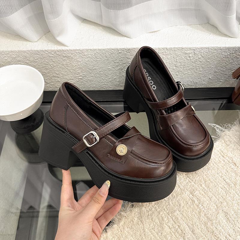 

Черные британские туфли-лодочки на толстом высоком каблуке и платформе из маленькой кожи женские 2025 новая осень юбка JK Мэри Джейн одинарные туфли 40 коричневый