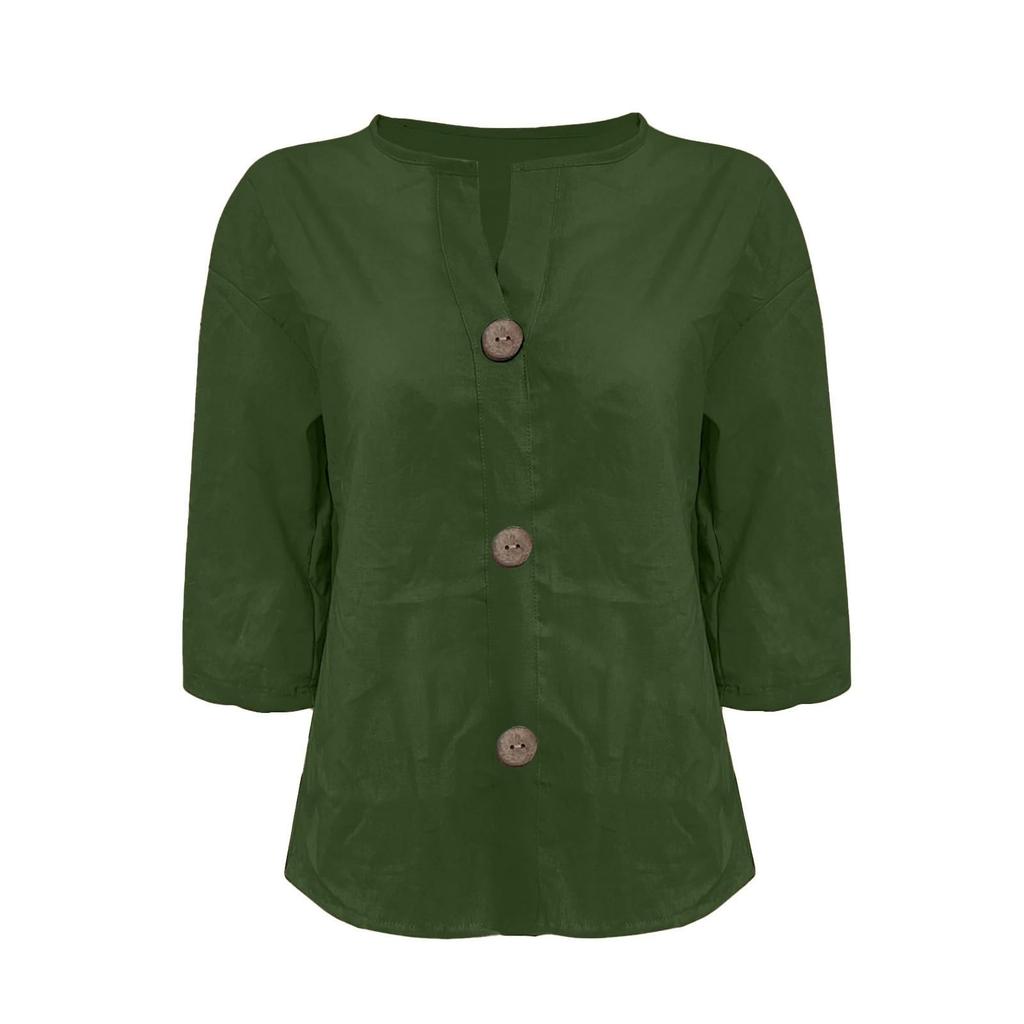 Damska Moda Casual Dekolt V Zapinany na Guziki Rękaw Siedmiopunktowy Bawełniany T-shirt Top