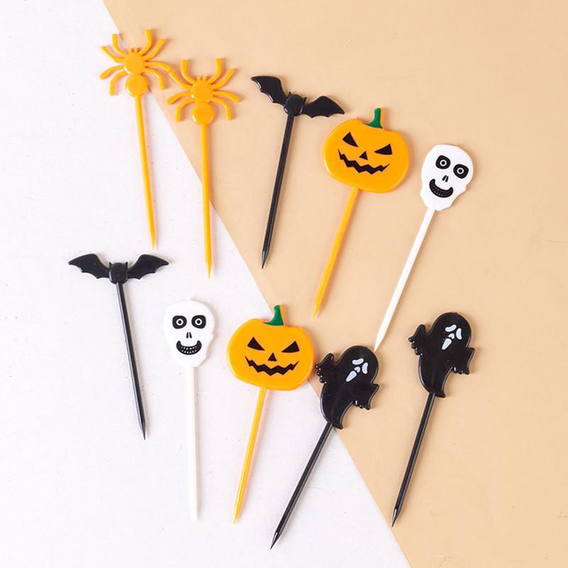 

10Pcs Halloween Toothpicks Halloween Cupcake Topper Ghost Bat Spider Plastic Fruit Toothpicks Halloween Party Cake Decorations