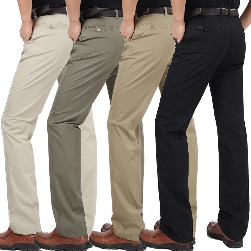 Men's Plus Size High Waist Cotton Work Pants - Summer Lightweight Casual & Formal Straight Leg Trousers for Middle-Aged & Elderly.