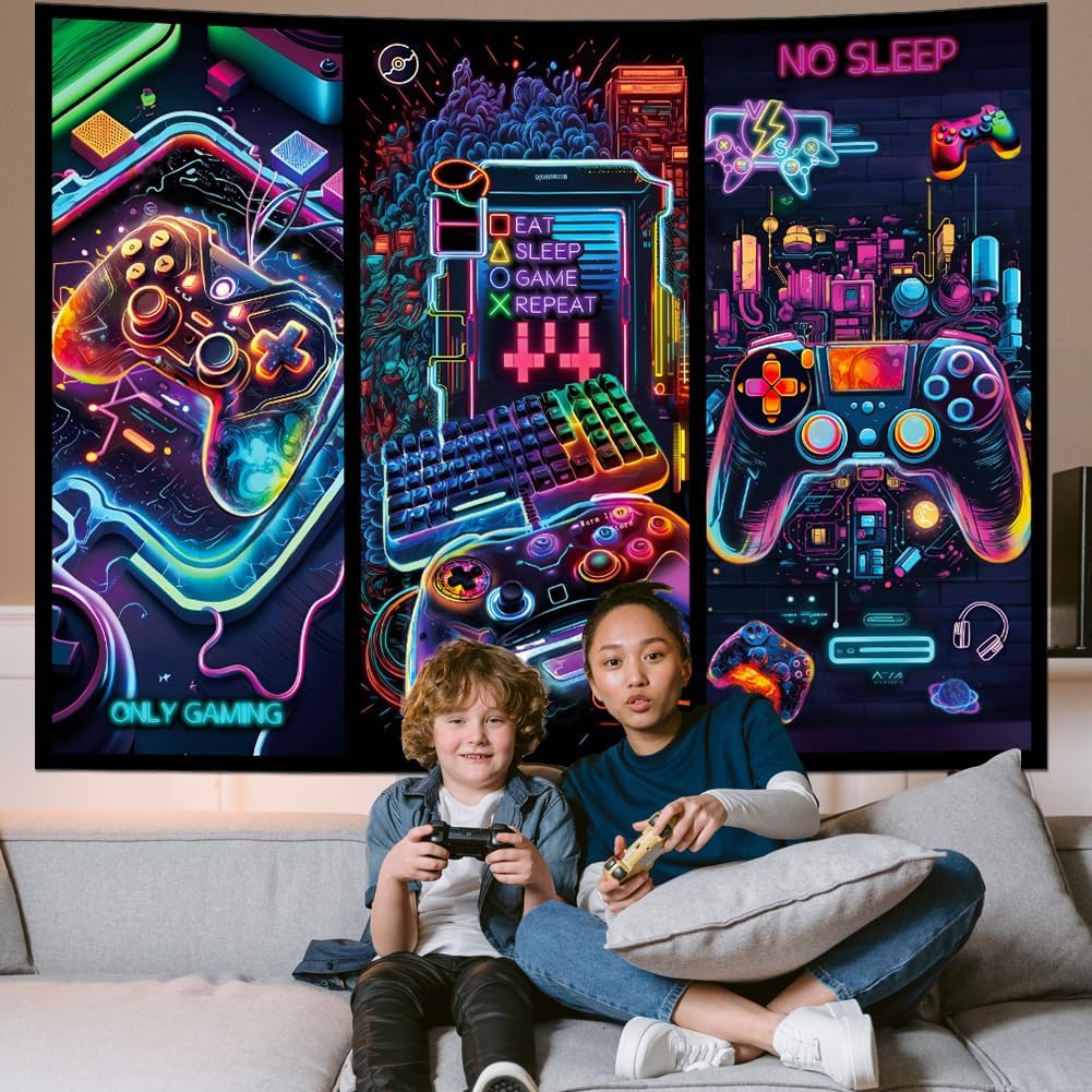 Galoker Blacklight Gaming Tapestry Cool Neon Game Controller Tapestry UV Reactive Gamer Player Wall Tapestries Funny Art Gaming Poster Tapestries