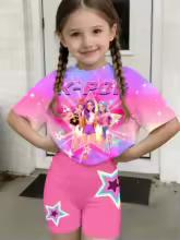 Trendy street-style two-piece outfit for girls featuring a gradient starry-sky cartoon print; includes a soft short-sleeved T-sh