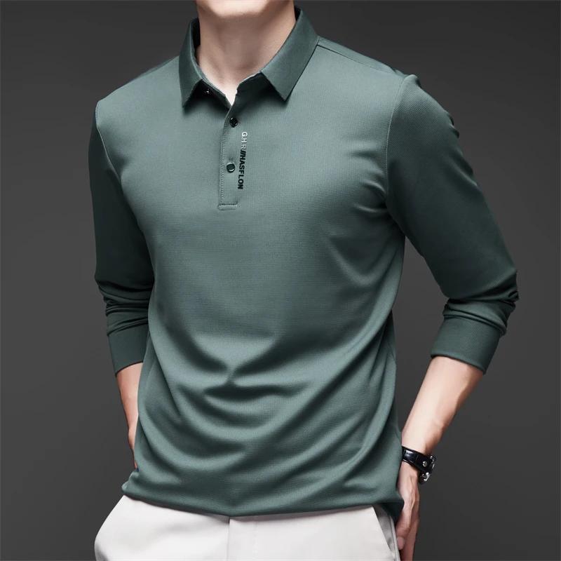 Camisa nueva de manga larga para hombre de negocios casual con insignia, polo de color sólido, moderna, transpirable, cómoda, versátil
