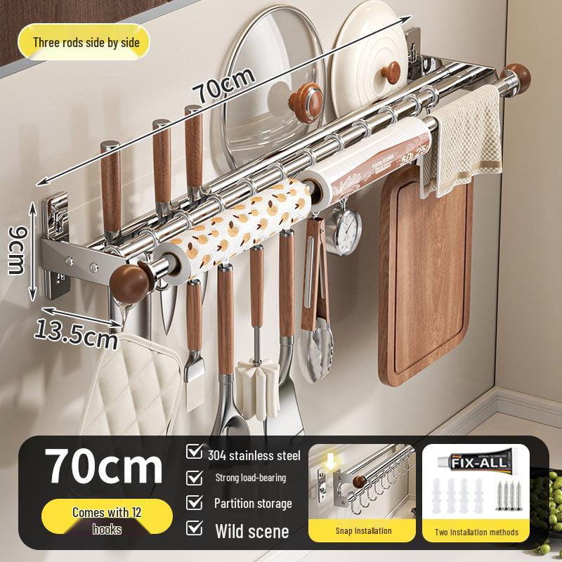 Wall-Mounted Multi-Functional Kitchen Rack: Knife Holder, Pot, Spatula & Spoon Storage, Punch-Free Installation