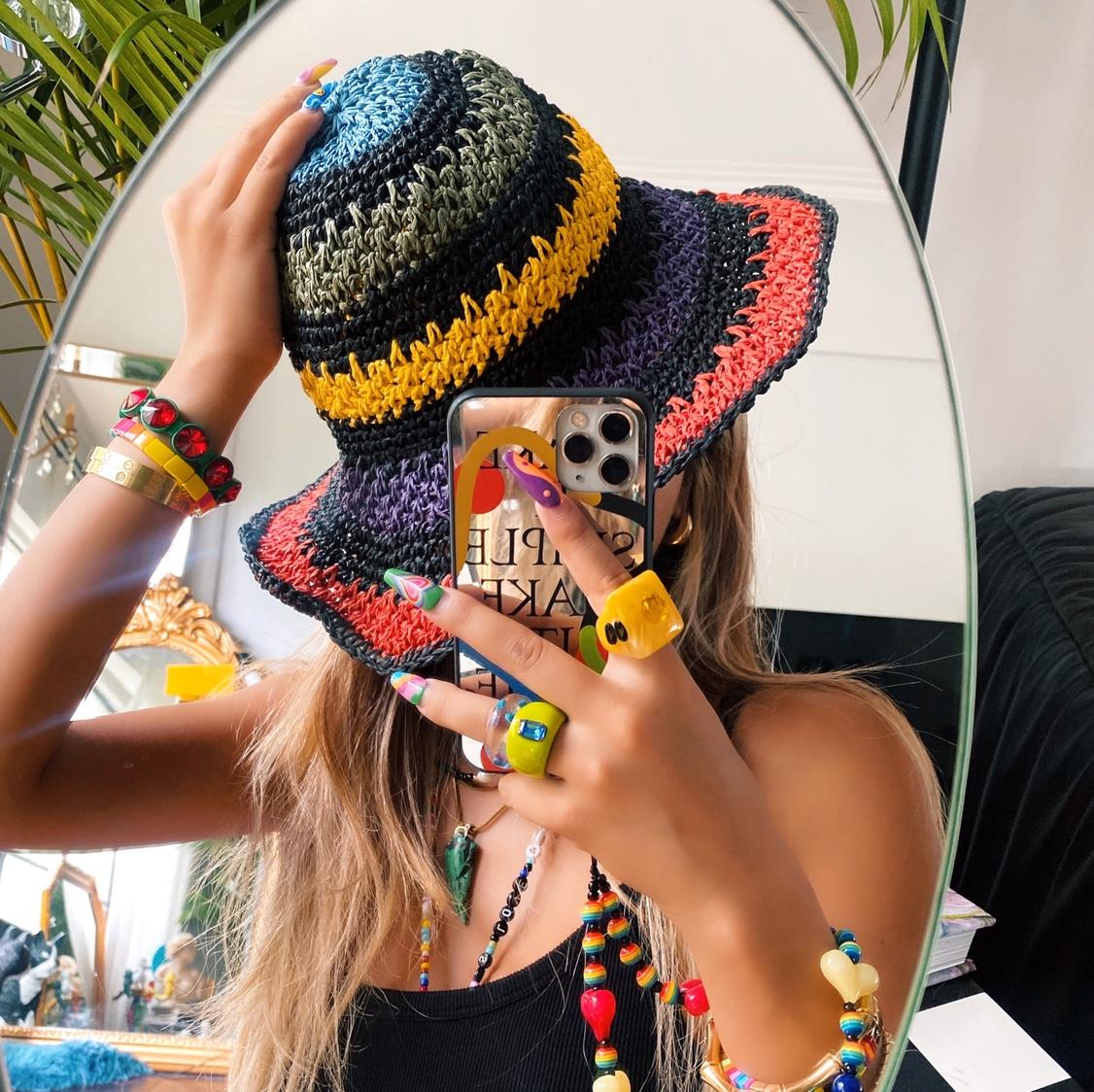 

Handmade Crochet Rainbow Bucket Hat for Women Summer Boho Beach Sun Cap Foldable Adjustable Wide Brim Travel Hat 56-58cm чорний