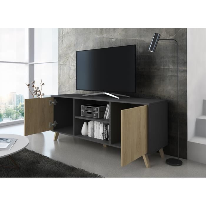 Meuble TV 140, salon, WIND, couleur Gris Anthracite-Chêne, 140x40x57cm, RF616
