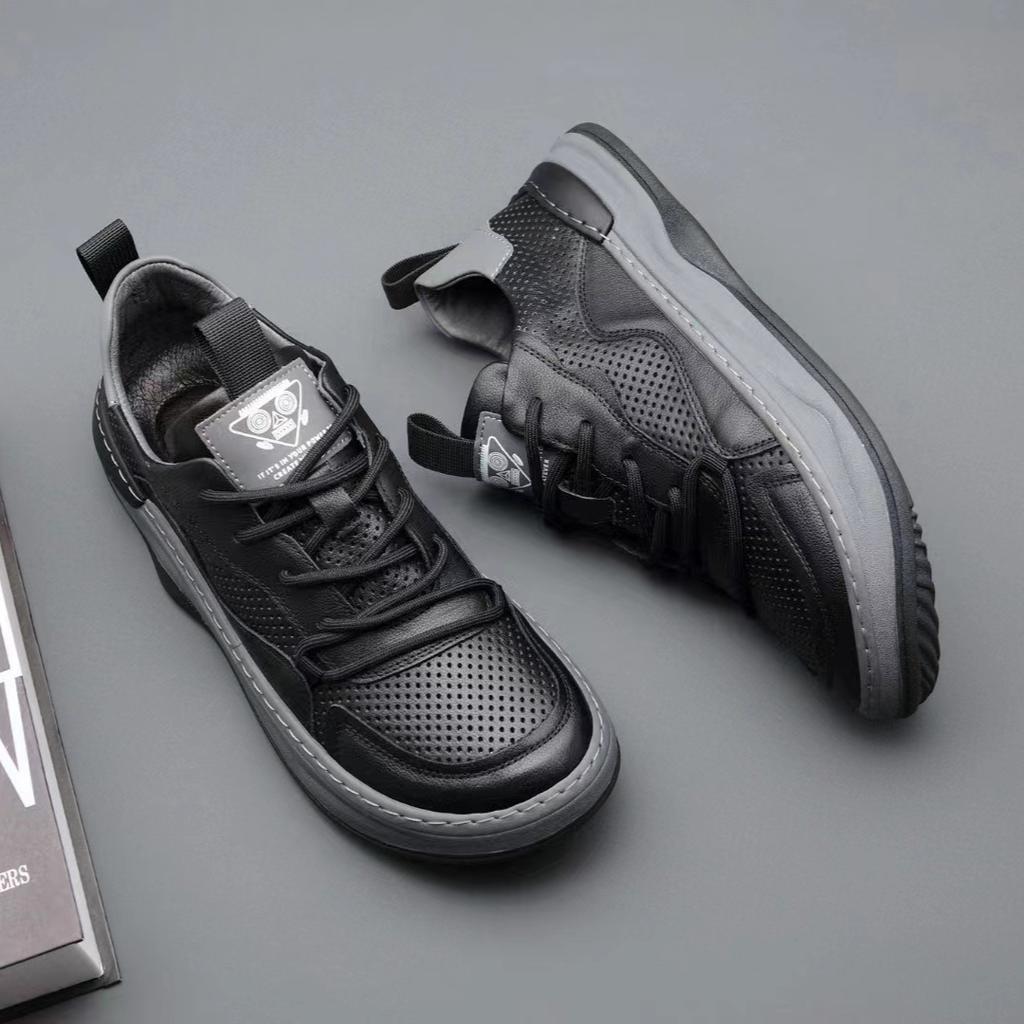 Herren Weiches Leder Weiße Schuhe Herren Dicksohlige Vielseitige Atmungsaktive Hohlsandalen Sneakers