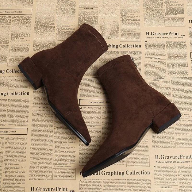 Womens Pointed Toe Chunky Heel Ankle Boots Stretch Fit Retro Style Comfortable Daily Wear