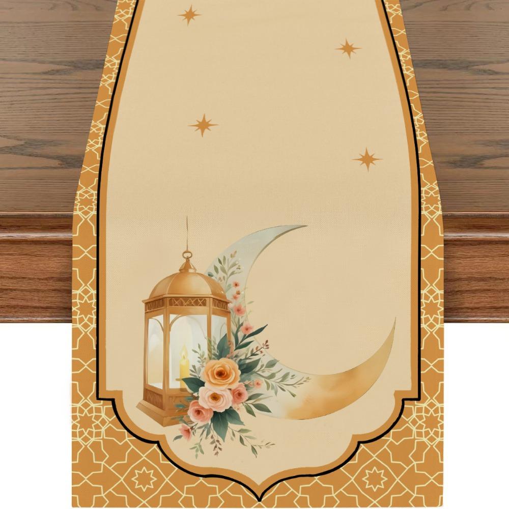 Golden Lantern Ramadan Table Runner White Moon Star Polyester Eid Mubarak Tablecloth Eid Al Fitr Dining Table Decoration