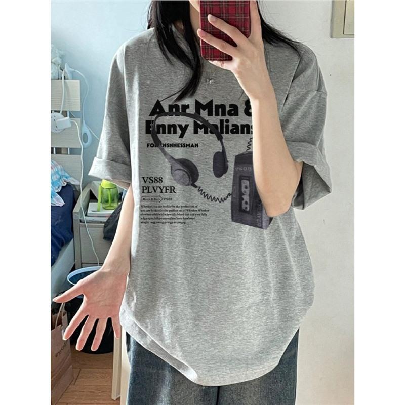 Pure cotton large size American oversize short-sleeved t-shirt women's new design niche printed top