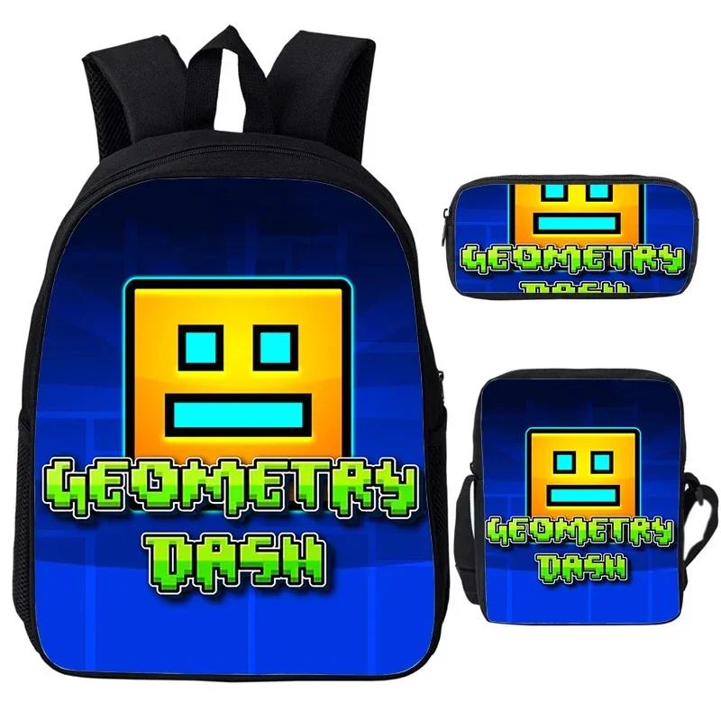 Angry Geometry Dash Cartoon Print Children Backpack 3Pcs Set Boys Girls School Bags Large Capacity Bookbag Back To School Gifts