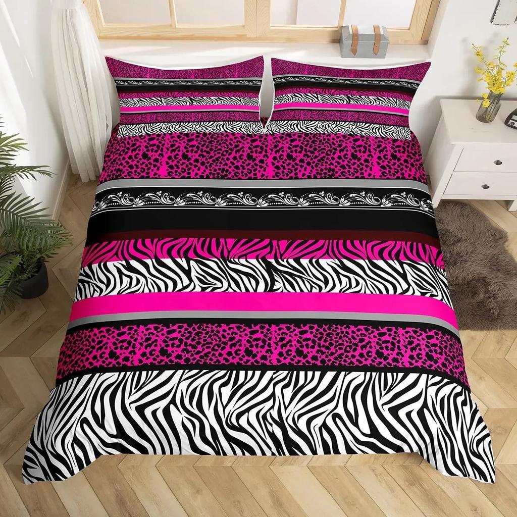 Queen Bedding Set Zebra Stripes Duvet Cover Red Glitter Lips Comforter Cover Girls Women Black White Leopard Print Duvet Set